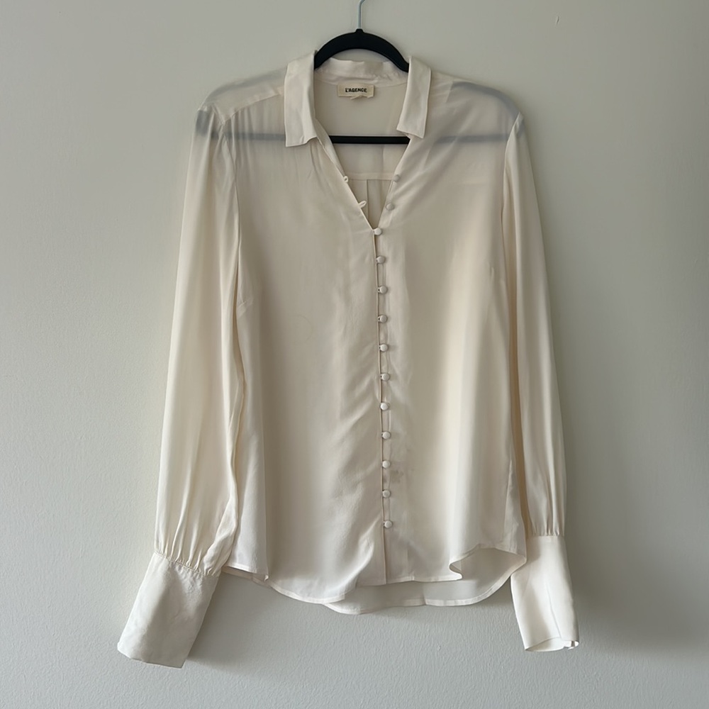 L’AGENCE CREAM SILK LONG SLEEVE BUTTON DOWN BALLOON SLEEVE FORMAL TOP